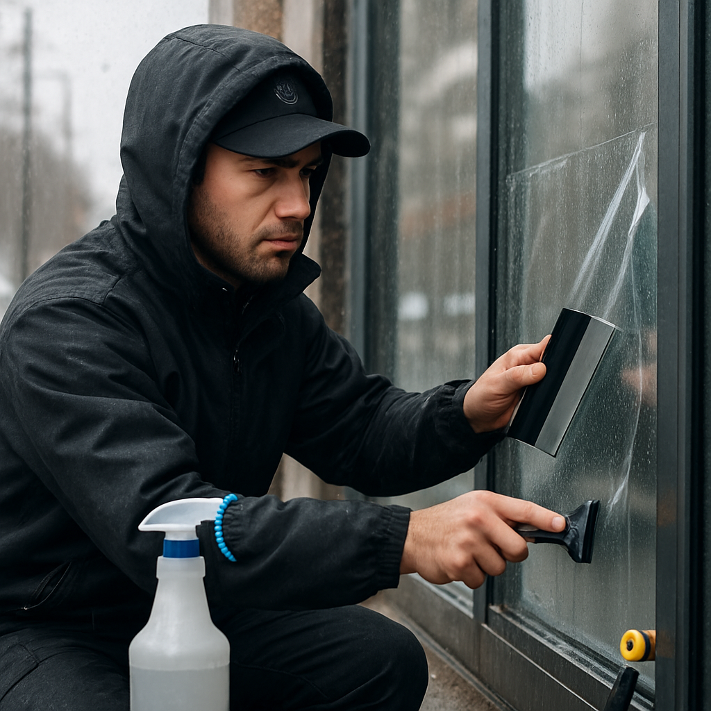 Photo realistic image of a certified installer applying clear anti-graffiti film to a storefront window in rainy weather; visible tools include a squeegee, spray bottle, and edge sealing roller; professional mood