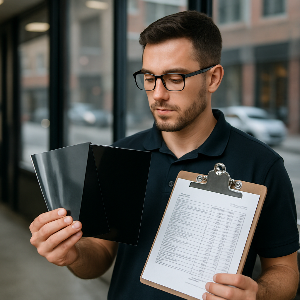 Photo realistic image of a technician holding two labeled film samples (one thin peelable roll, one thicker permanent sheet) next to a clipboard showing a detailed line-item quote; visible logos for 3M and LLumar on the samples, professional installer setting in an urban storefront environment