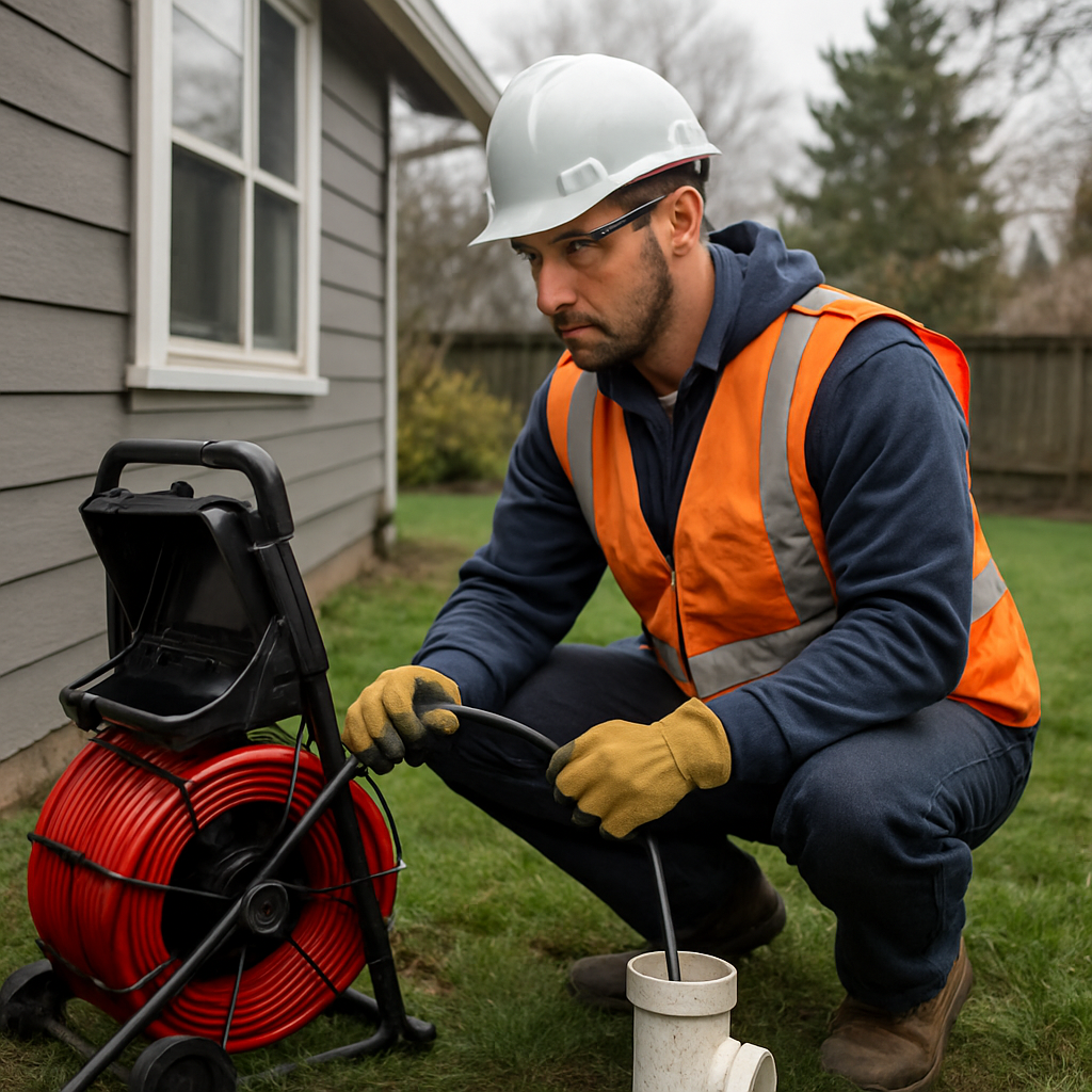 Professional plumber operating a RIDGID SeeSnake camera through an outdoor main line cleanout in a residential Portland yard; visible cleanout cap, technician in safety gear, overcast Pacific Northwest light, photo realistic