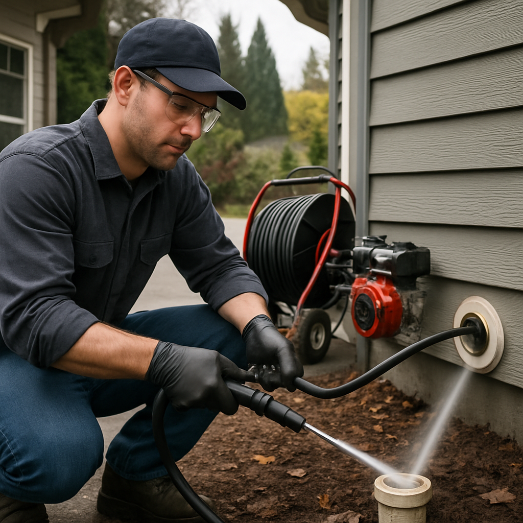 Photo realistic image of a plumber operating a high-pressure hydro-jetting hose at the exterior cleanout of a Portland home, technician in gloves and eye protection, visible jetter unit on driveway, overcast Pacific Northwest light, professional mood