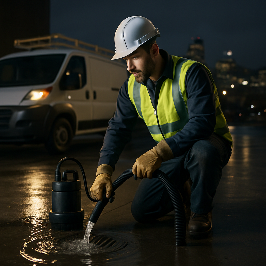 Photo realistic night-scene of a Portland plumber arriving with a van and portable pump to an overflowing basement floor drain; technician in reflective vest and gloves, soft overcast city lights, professional and urgent mood