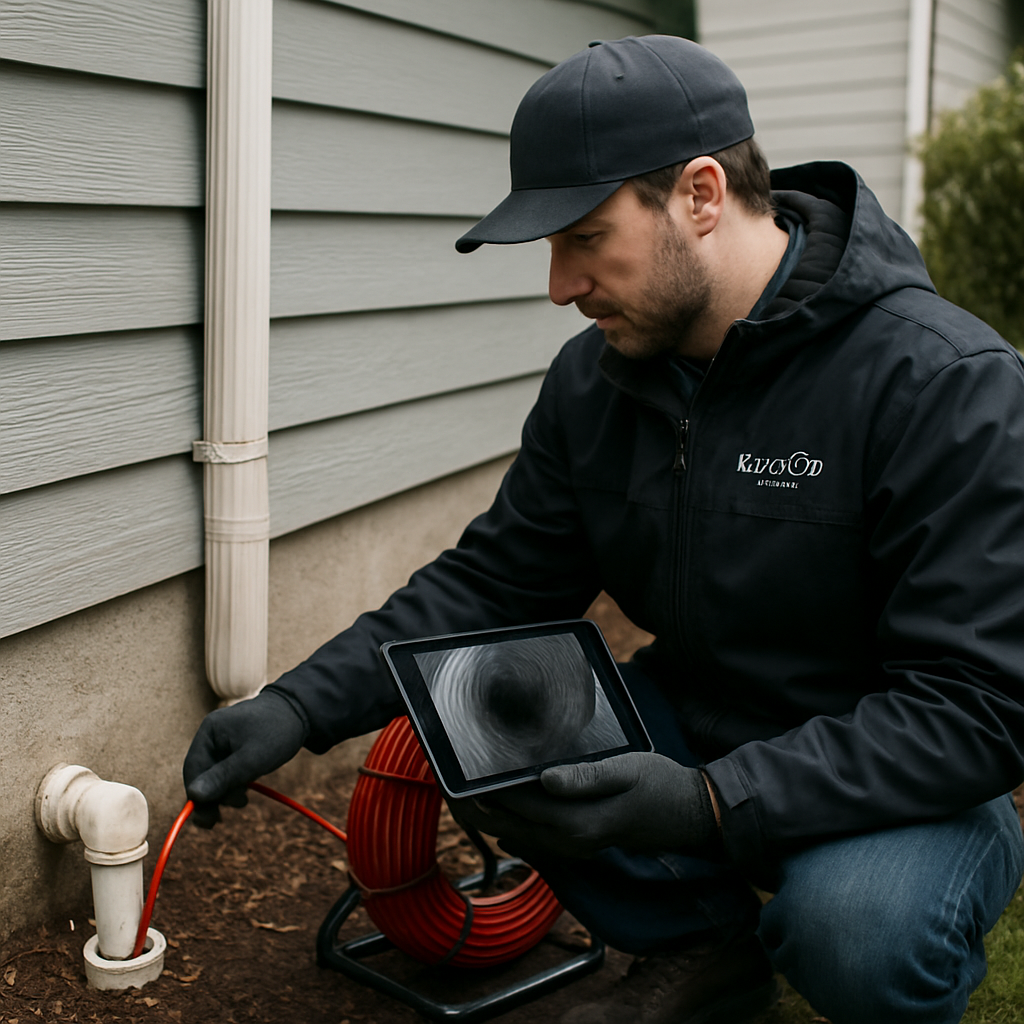 Photo realistic image of a River City Plumbing technician inserting a push camera through an exterior cleanout at a Portland residence; technician in branded jacket reviewing a tablet with the live video feed, overcast Pacific Northwest light, professional mood