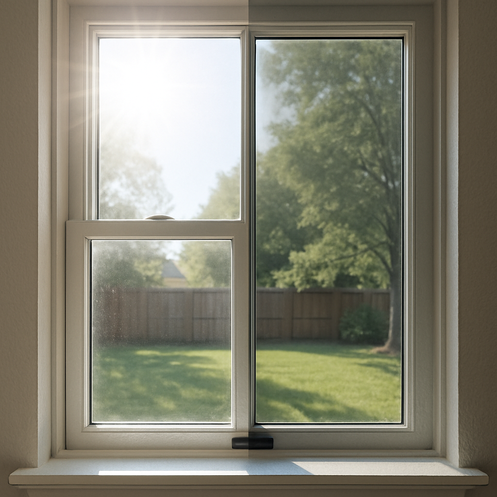 Close-up photo realistic image of a residential double-pane window with a visible split: left side untreated clear glass showing bright glare, right side with a subtle, non-reflective spectrally selective solar window film showing reduced glare and preserved view of a backyard. Professional, daylight, high detail.