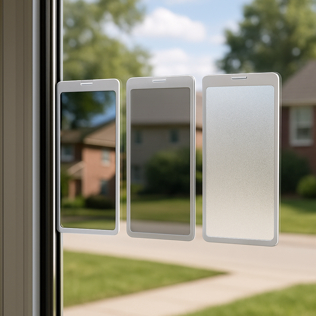 Photo realistic image of three residential window film swatches mounted on a window: a metallic reflective swatch, a neutral ceramic swatch, and a decorative frosted swatch. Natural daylight, high detail, professional installation sample board visible, mood professional
