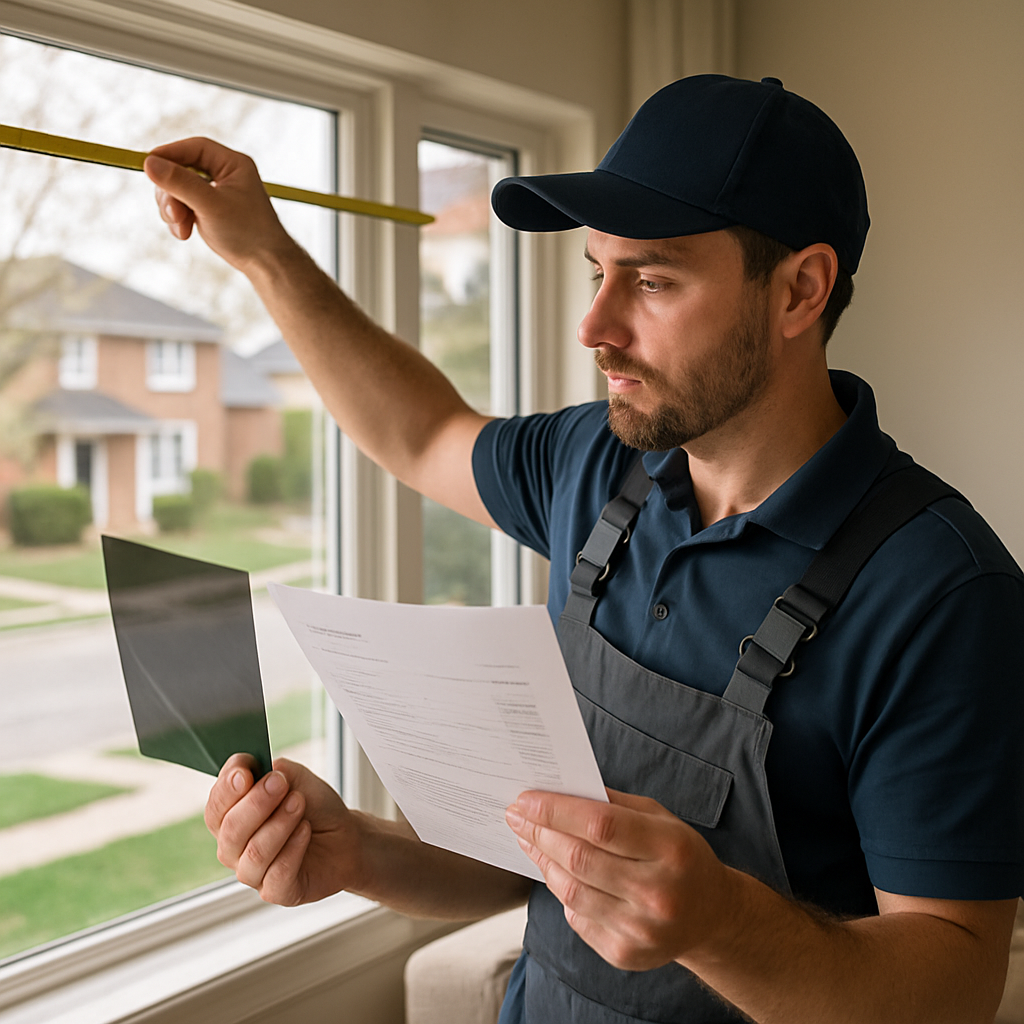 Photo realistic image of a residential window installer measuring a large living room window and holding a printed estimate and a film sample. The scene shows daylight, a visible street-facing window, professional attire, and clear focus on the sample and paperwork. Mood professional.