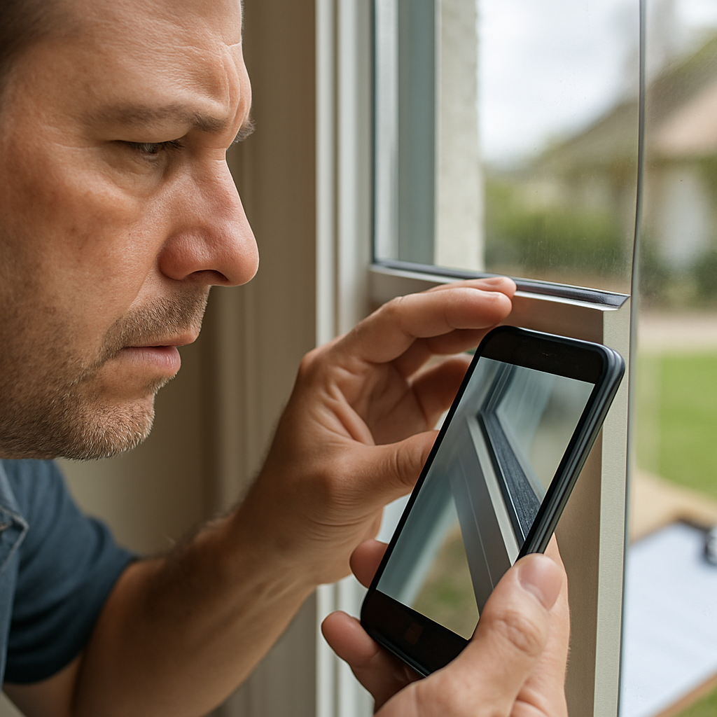 Photo realistic close-up of a homeowner inspecting the edge of a residential window with solar window film. The image shows slight edge lifting being photographed with a smartphone, natural daylight, and a professional installer clipboard in the background. Mood: professional, clear evidence-gathering.