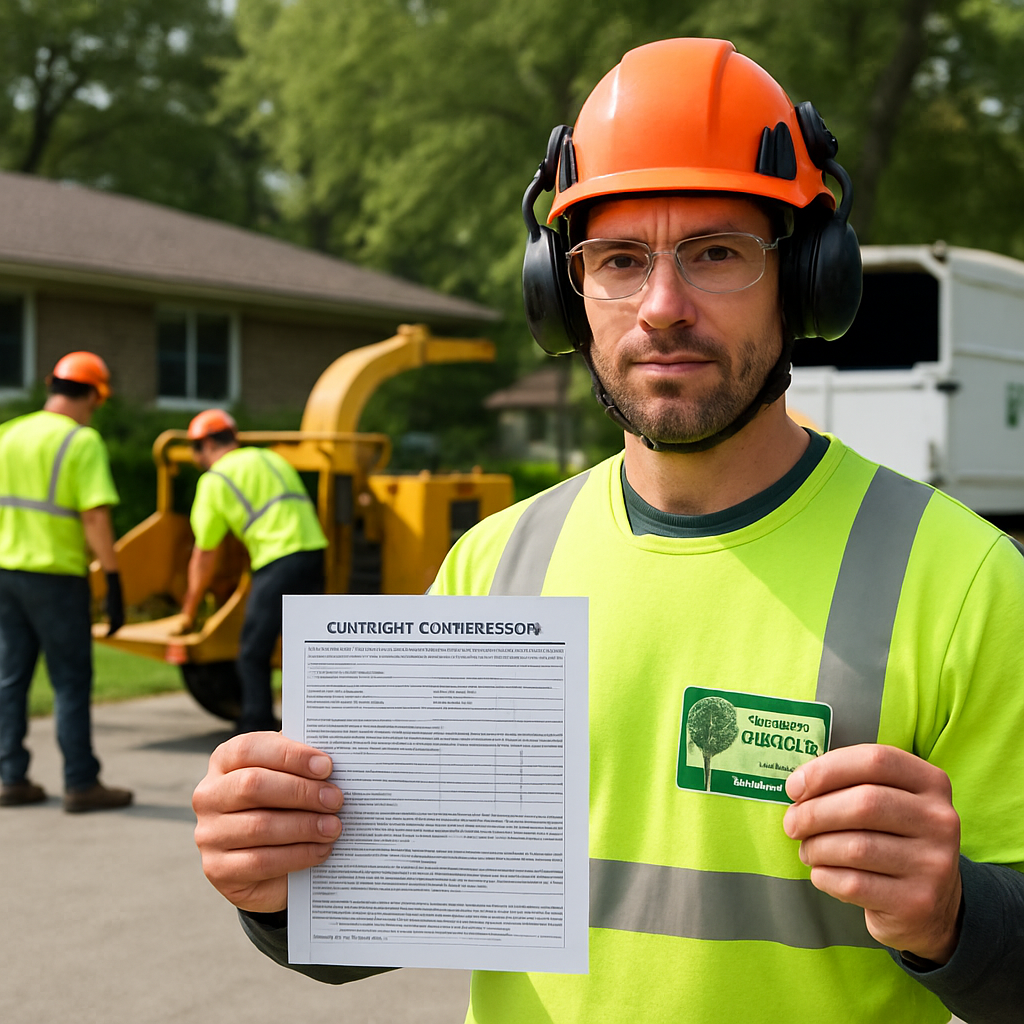 Photo realistic image of a certified arborist in PPE holding a certificate of insurance and an ISA credential card while a crew with a wood chipper and clearly marked company truck prepares equipment in the driveway; professional, clear daylight, focused on documentation and safety