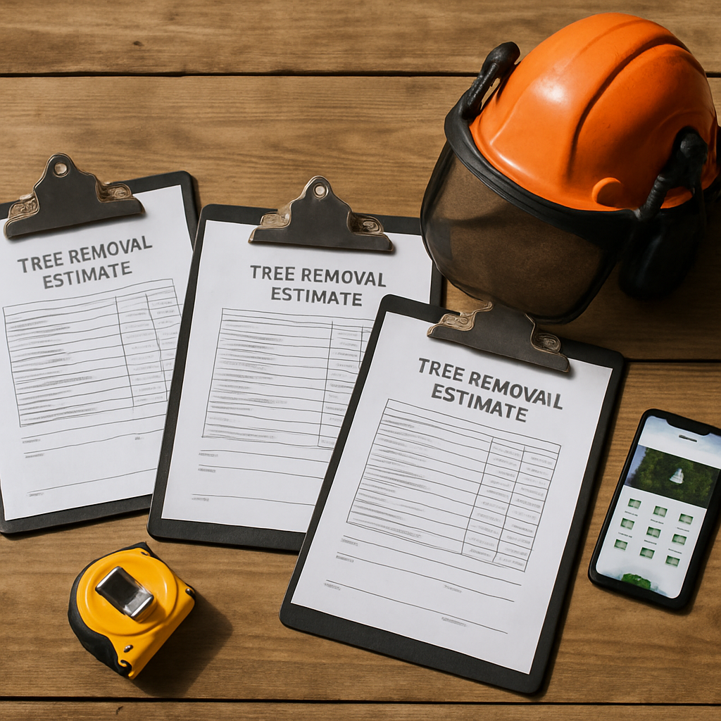 Photo realistic image of three written tree removal estimates on clipboards spread on a wooden table, a measuring tape and a chainsaw helmet beside them, and a smartphone displaying the <a href='https://mrtreeinc.com/'>Mr Tree Inc. services</a> page; professional, daylight, focused on documents and tools