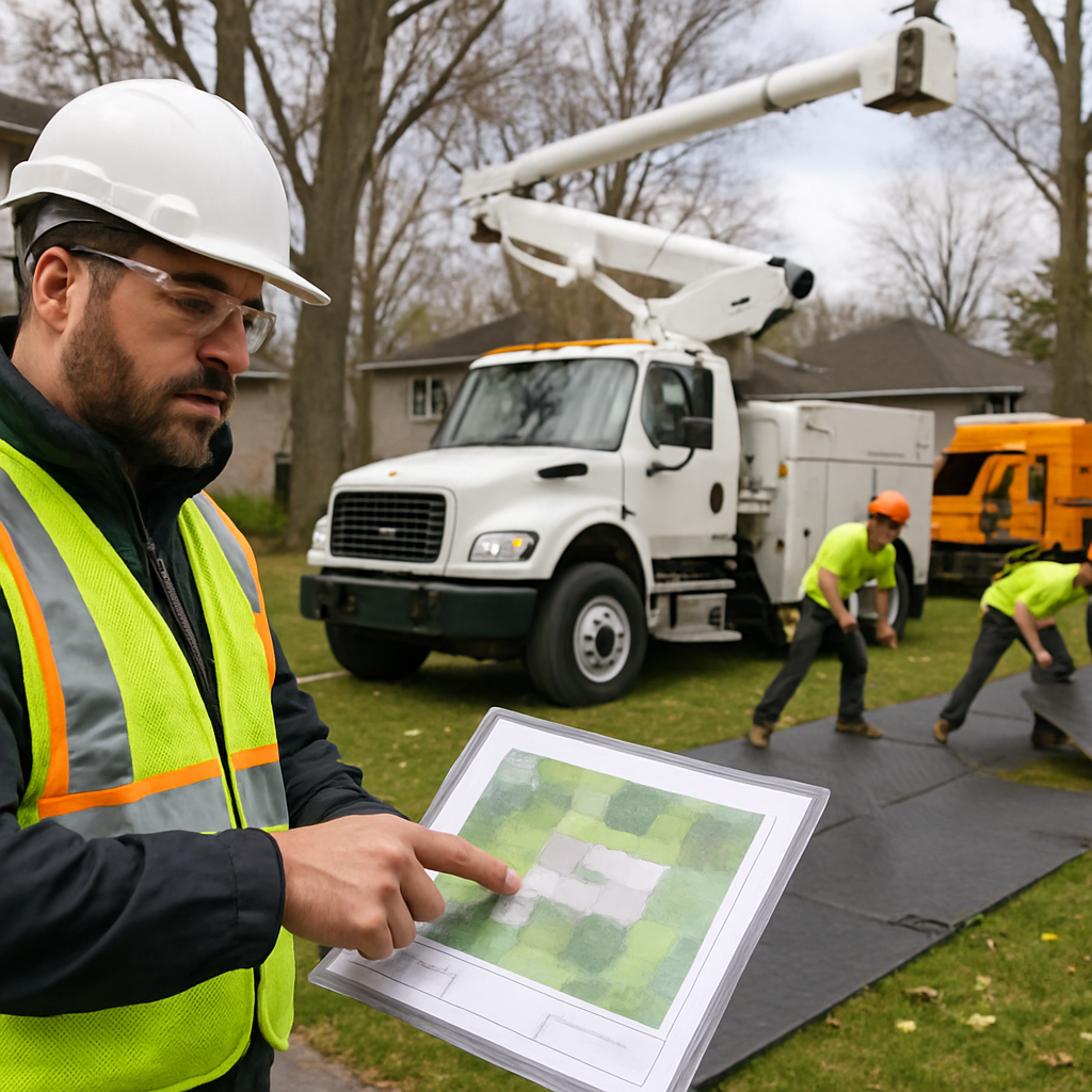Photo realistic image of a residential tree removal in progress: a supervisor pointing to a laminated job plan while a crew deploys ground protection mats and a bucket truck stands ready; clear branding on vehicles, visible PPE, daytime, professional mood