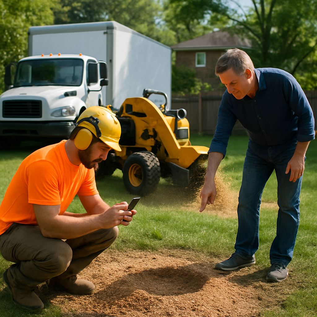Photo realistic image of a stump grinding operation in a residential backyard: a truck with clear company markings, a stump grinder at work with visible wood chips being collected, a crew member photographing the finished grind depth while the homeowner points to the spot; professional, daylight, focused on cleanup and documentation