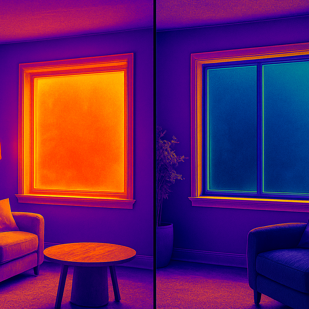 Side-by-side photo realistic thermal image of a residential living room window before and after installation of energy efficient window film showing cooler interior surface temperatures and reduced heat transfer on the treated window, professional mood