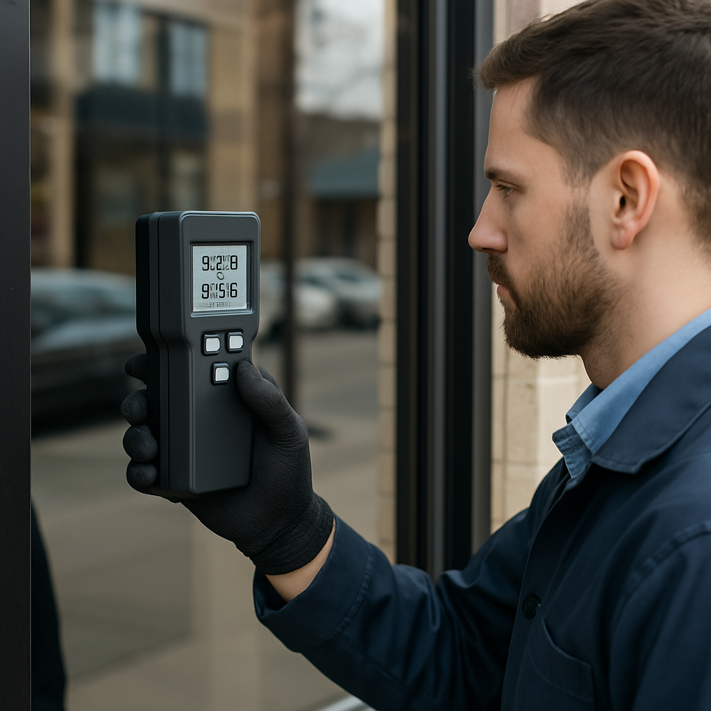 Photo realistic close-up of a commercial storefront window with a technician holding a spectrometer against the glass, showing measurement of Visible Transmittance and SHGC, professional mood