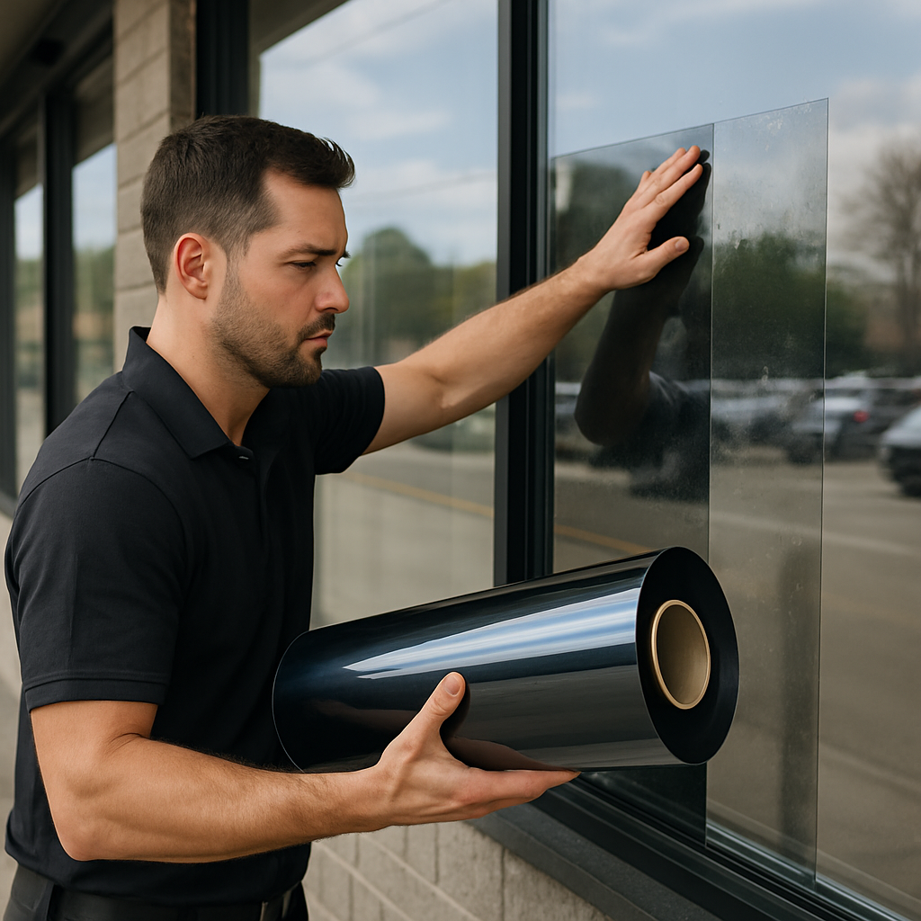 Photo realistic image of a storefront technician applying a spectrally selective window film to a large glass display, with close-up of the film roll and visible difference in glare between treated and untreated panes, professional mood