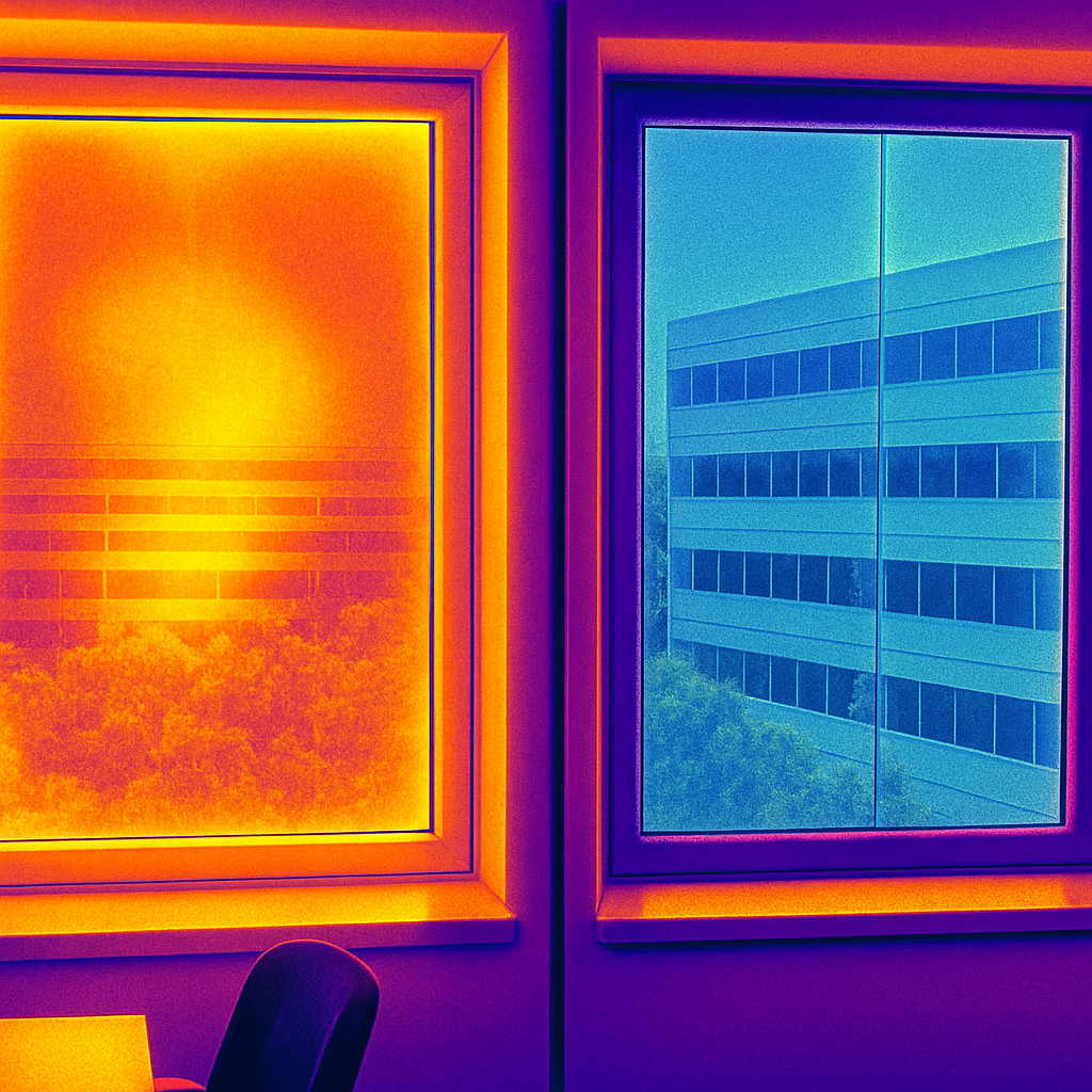 Photo realistic thermal comparison of an office window before and after installation of energy efficient window film showing lower interior pane temperature and reduced solar hotspots on the treated window, professional mood