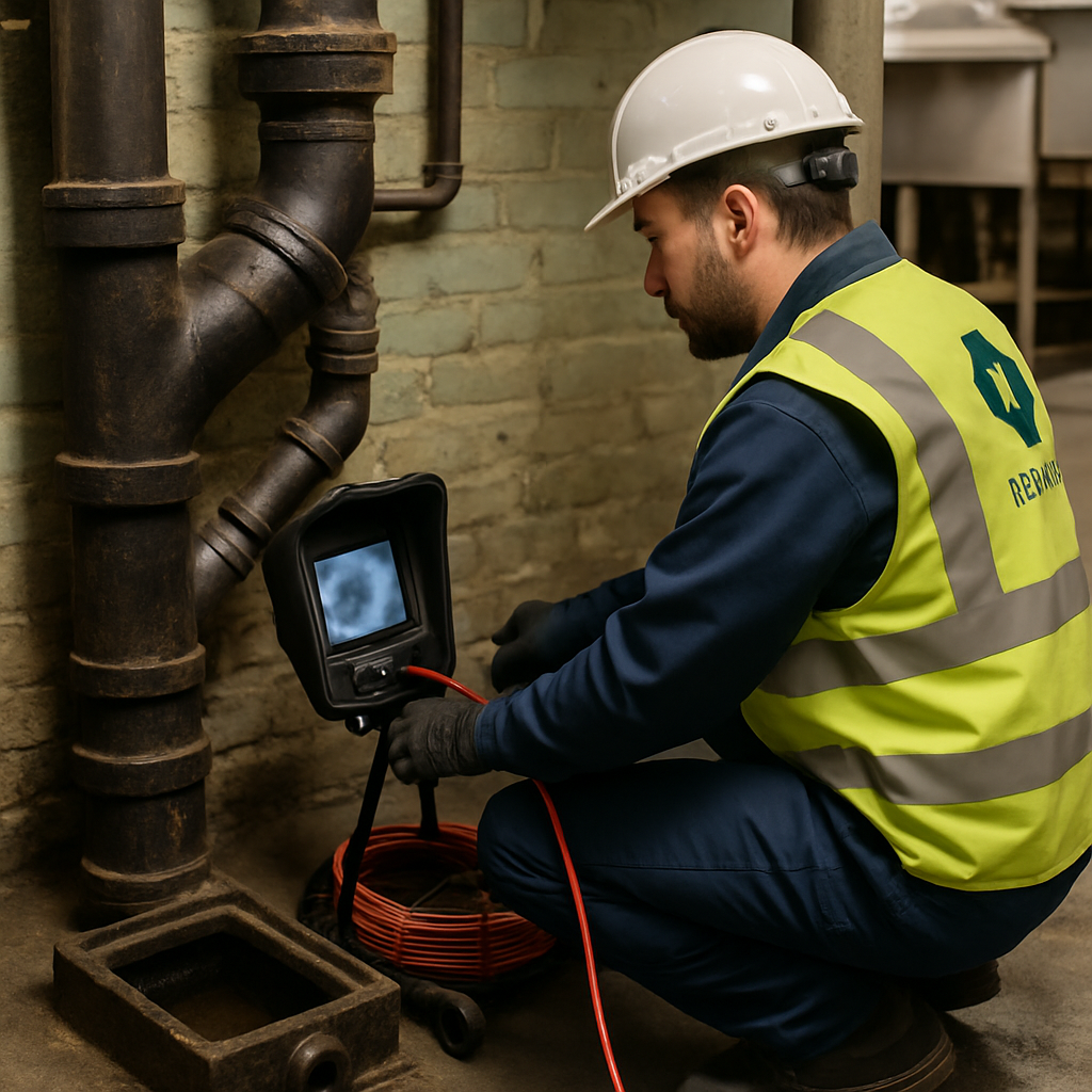 Photo realistic image of a commercial plumbing technician inspecting cast iron sewer piping and a grease trap access in a Portland restaurant basement, wearing branded safety vest and using a pipe camera monitor, professional mood