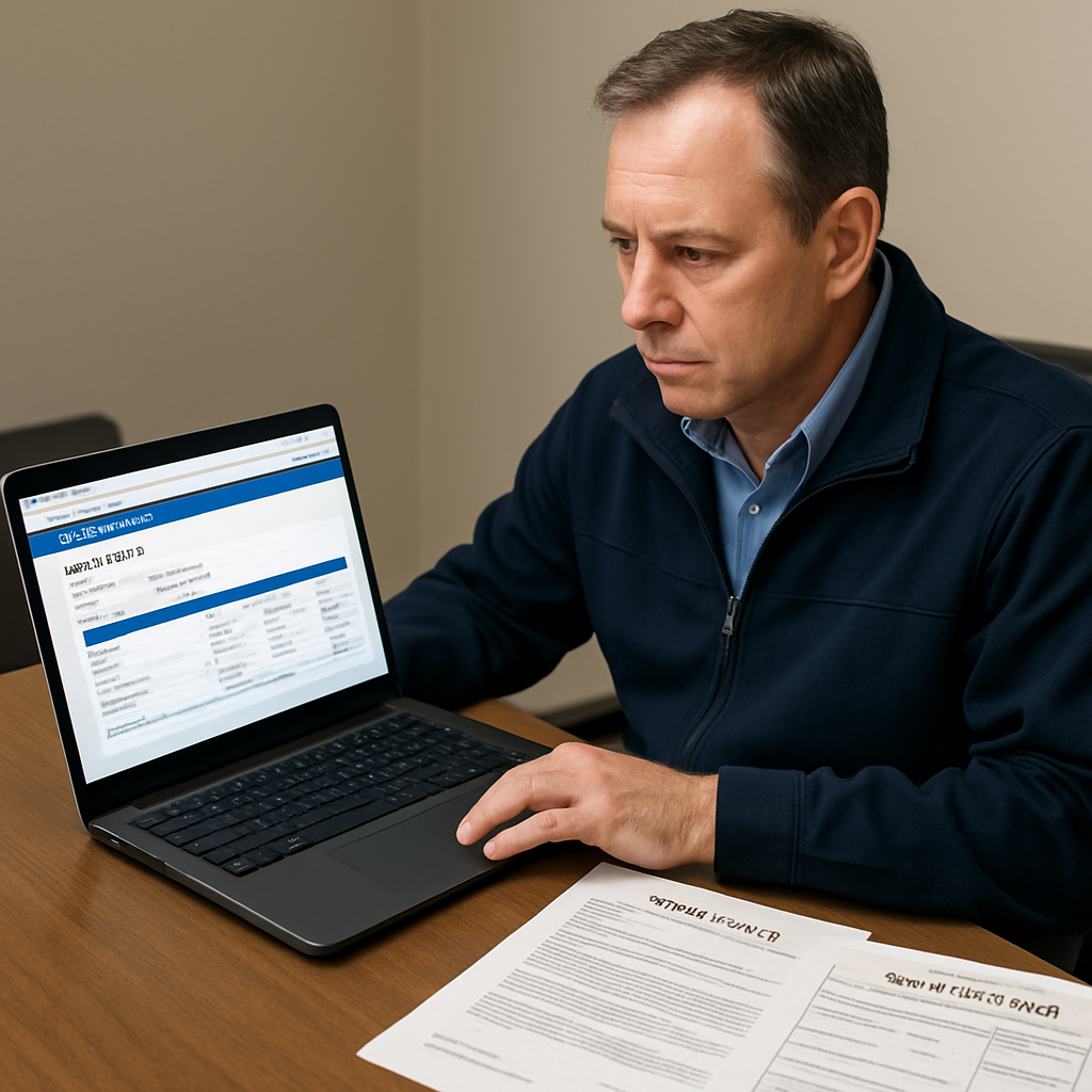 Photo realistic image of a Portland facility manager at a table reviewing a laptop showing the Oregon CCB license lookup, with a printed certificate of insurance and a City of Portland permit application form nearby, professional mood
