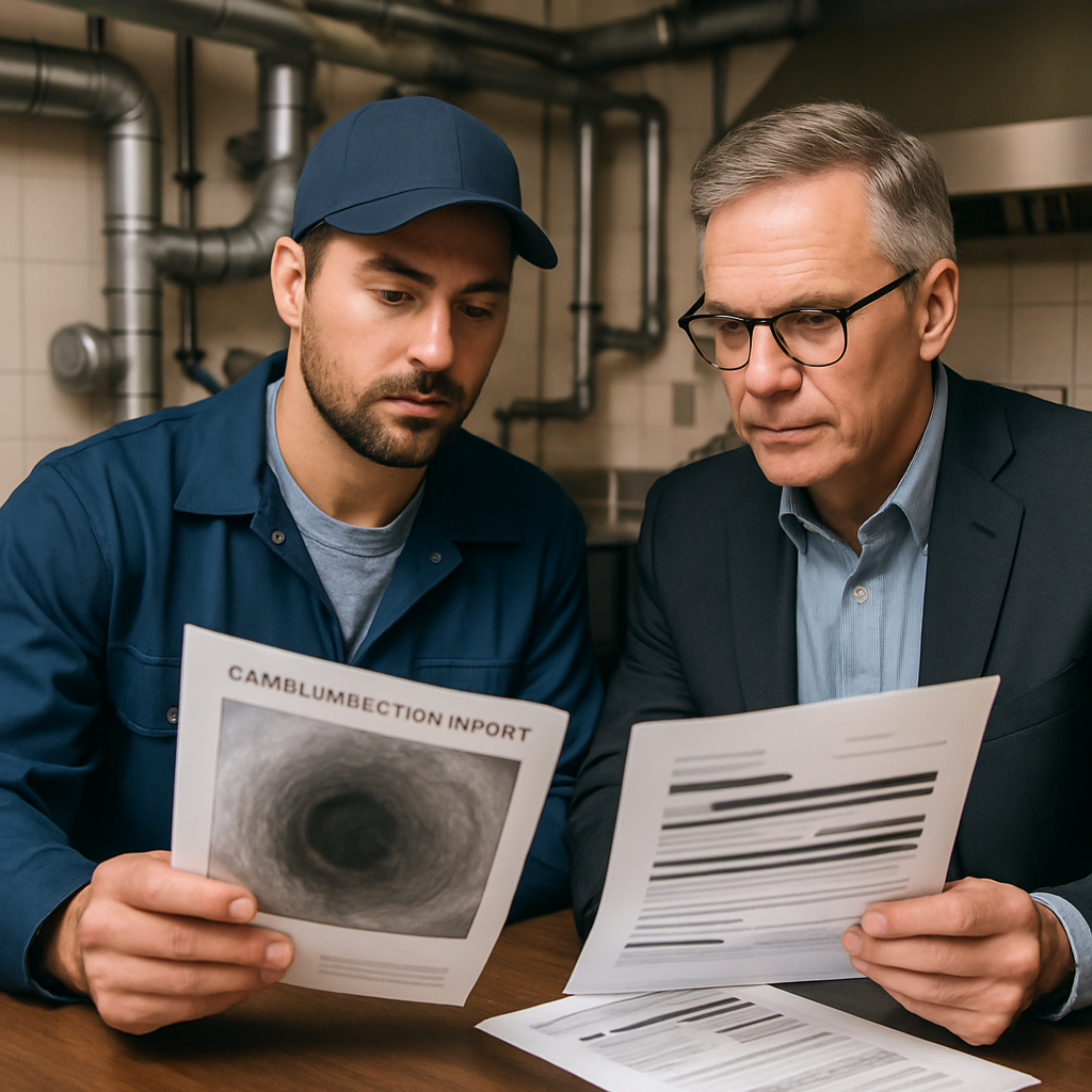 Photo realistic image of a commercial plumbing technician and a Portland facility manager reviewing a printed camera inspection report and redacted invoice in an office, with a backdrop of restaurant kitchen piping, professional mood