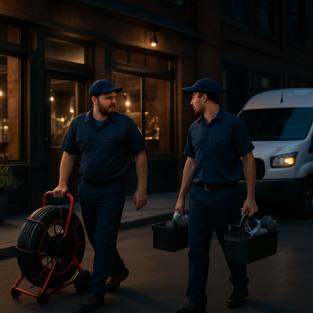 Photo realistic image of a commercial plumbing crew arriving at night to a downtown restaurant, carrying a drain camera and parts, with a visible service van showing a business logo, professional mood