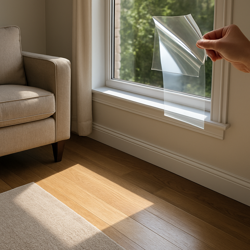 Photorealistic image of sunlight streaming through a living room window onto a hardwood floor and an area rug, showing a visible lighter band where sun has faded the floor; include a partially applied clear UV blocking window film sample on the glass edge, professional installation context, daytime, neutral tones
