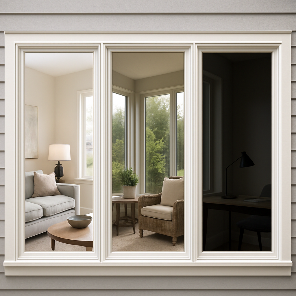 Photorealistic shot of three residential windows side-by-side showing different films applied: a clear high-VLT UV-protection film, a spectrally selective non-reflective film, and a ceramic low-VLT film; include interior views of a living room, sunroom, and home office to illustrate differing light and glare conditions; daytime, professional, neutral tones