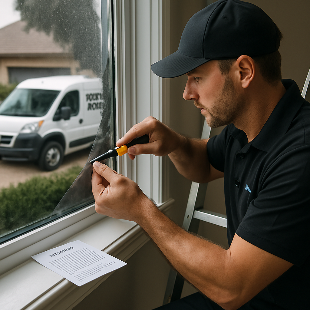 Photo realistic image of a certified installer applying residential window film from a ladder, close-up on precise edge trimming and a printed manufacturer warranty card on the sill; include a Tinting Oregon branded service van parked outside, daytime, professional mood