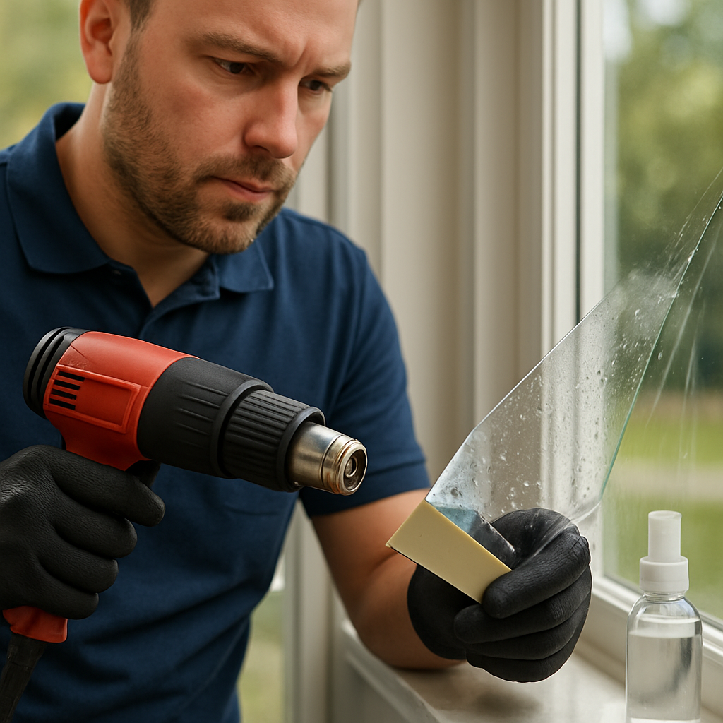 Photorealistic image of a certified installer carefully removing residential window film with a heat tool and soft scraper, close-up on an edge showing minor bubbling being lifted and cleaned; include protective gloves, a small solvent bottle, and a clean glass surface nearby, daytime, professional