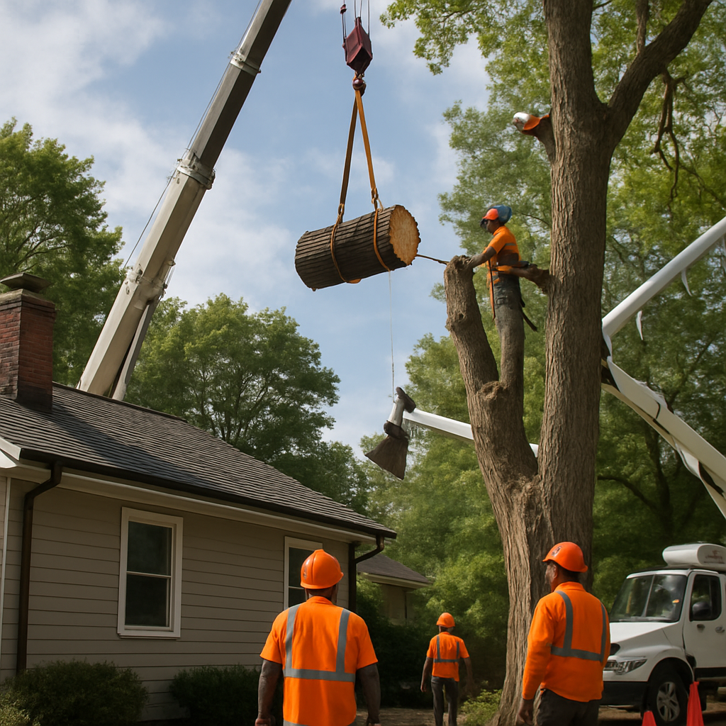Professional tree crew performing crane assisted tree removal near a residential roof; crew wearing PPE, aerial lift visible, traffic control cones in place, daylight, photo realistic