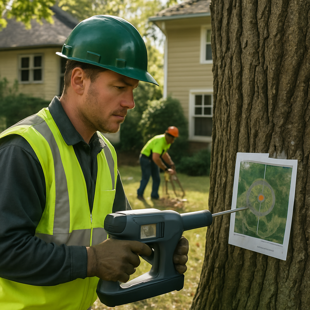 Certified arborist conducting a tree risk assessment using a resistograph and visual target mapping near a residential property; crew in background preparing rigging, photo realistic