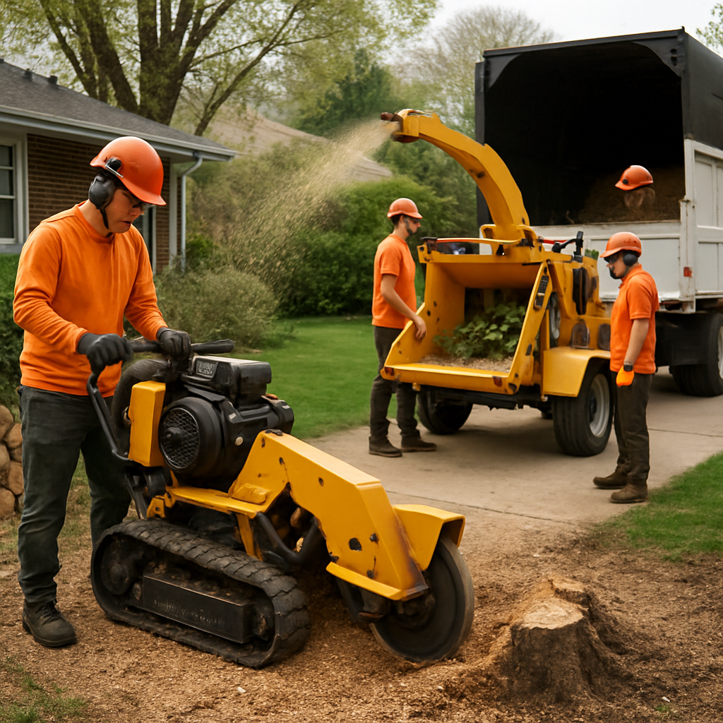 Crew operating a stump grinder and wood chipper beside a residential yard; stacked firewood and a chip truck visible; crew in PPE, neat work area, photo realistic