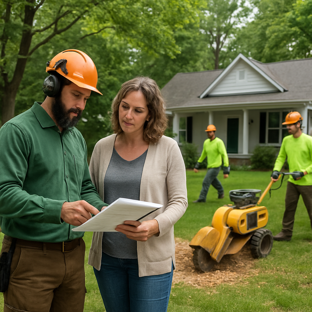 Local full service tree crew performing pruning, stump grinding, and site restoration on a residential property; arborist reviewing a report with the homeowner, crew in PPE, chippers and stump grinder visible, photo realistic