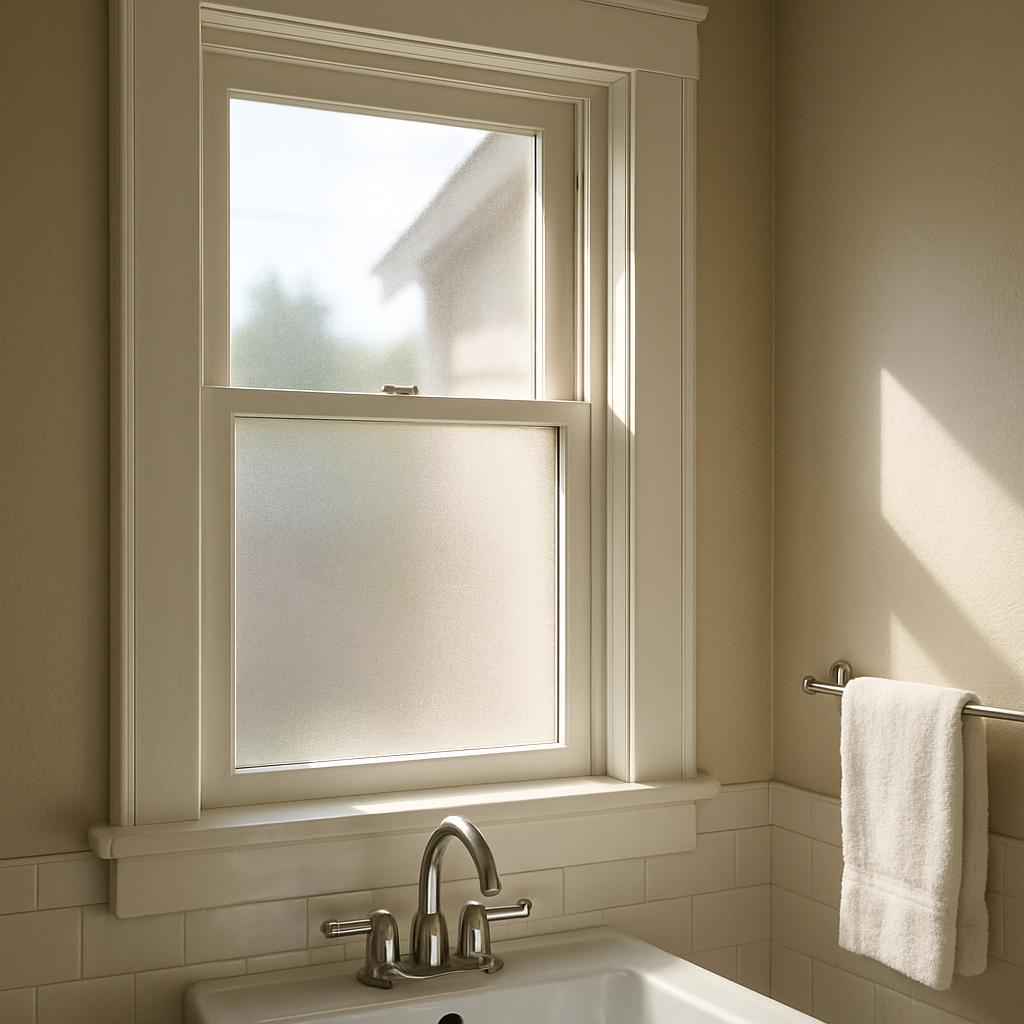 Photo realistic image of a bright bathroom window in a Portland-style bungalow with frosted glass film applied to the lower half; daylight streaming in, visible diffusion effect, no identifiable details outside; professional, neutral color palette