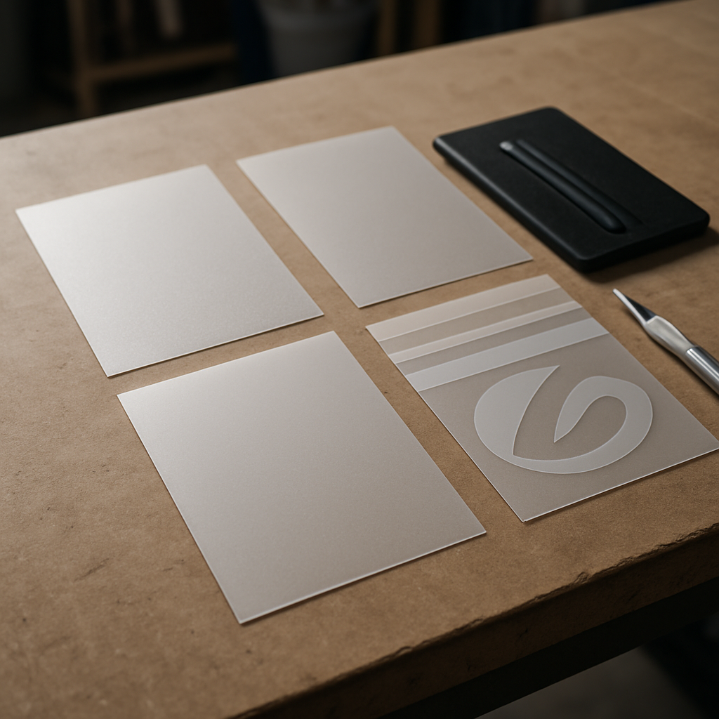 Photo realistic image of a workshop table with multiple frosted window film swatches and samples laid out: fine etched, matte frost, striped pattern, and a pre-cut vinyl logo; tools like a squeegee and precision knife visible; professional, neutral lighting