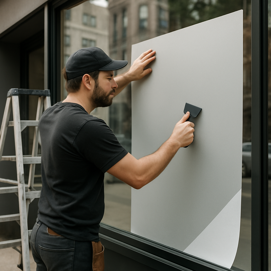 Photo realistic image of a professional installer applying adhesive frosted glass film to a commercial storefront: large single-pane glass, squeegee in hand, ladder and template visible, clean finish being smoothed, neutral daytime city street in background