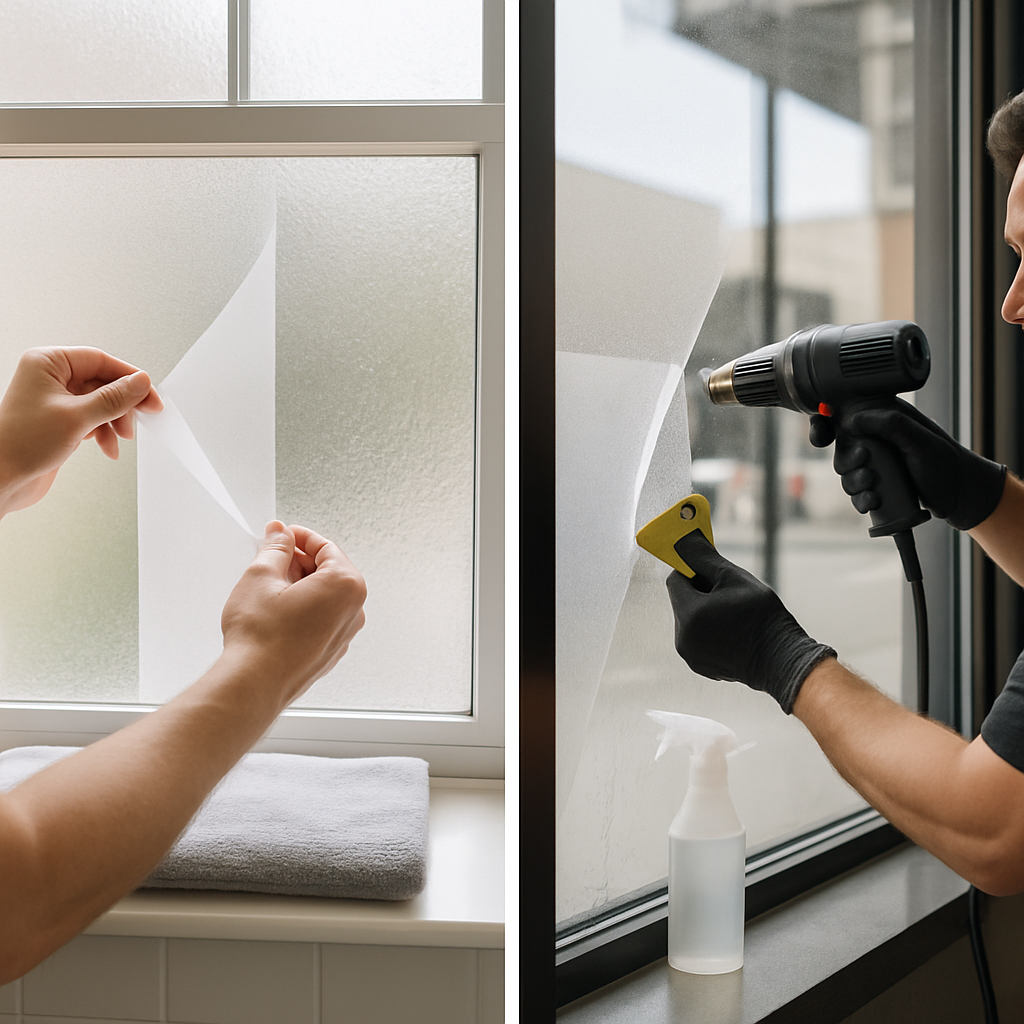 Photo realistic image of two side-by-side window panes: left pane showing a person peeling a static-cling frosted strip from a bathroom window and laying it flat on a towel; right pane showing a technician using a heat gun and squeegee to lift an adhesive frosted film from a commercial storefront, tools and solvent bottle visible, professional, neutral palette