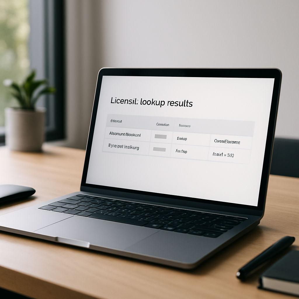 Photorealistic screenshot style image of a laptop displaying the Oregon CCB license lookup results for a Portland plumbing business, showing license number, status, classifications, and expiration date; professional, clean desk, natural lighting