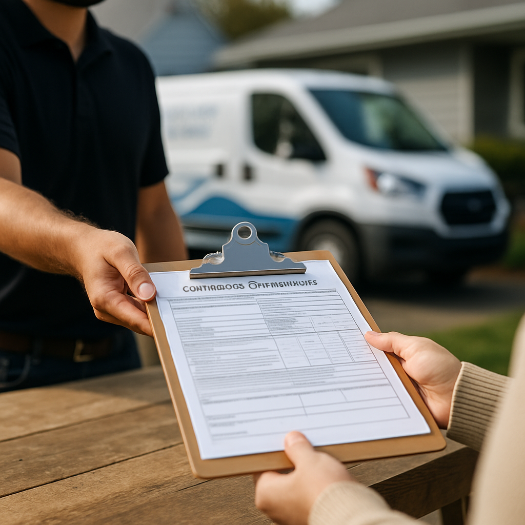 Photorealistic image of a clipboard on a workbench with a Certificate of Insurance visible, a branded service van in the blurred background, and a contractor handing the clipboard to a homeowner; professional, clear lighting; Portland residential setting