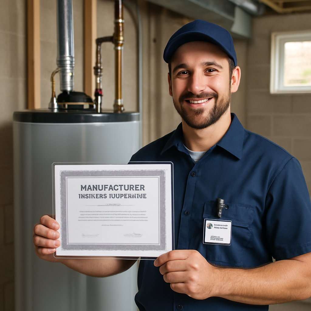 Photorealistic image of a licensed plumbing technician holding a laminated manufacturer training certificate in front of a new water heater, clear badge with technician name visible, professional residential basement setting, natural light