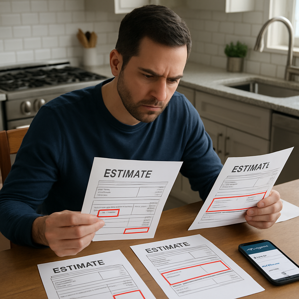 Photorealistic image of a homeowner at a kitchen table comparing three plumbing estimates with highlighted red flags such as cash-only note and missing permit field; a smartphone showing a `CCB#` lookup in the background; professional, focused mood