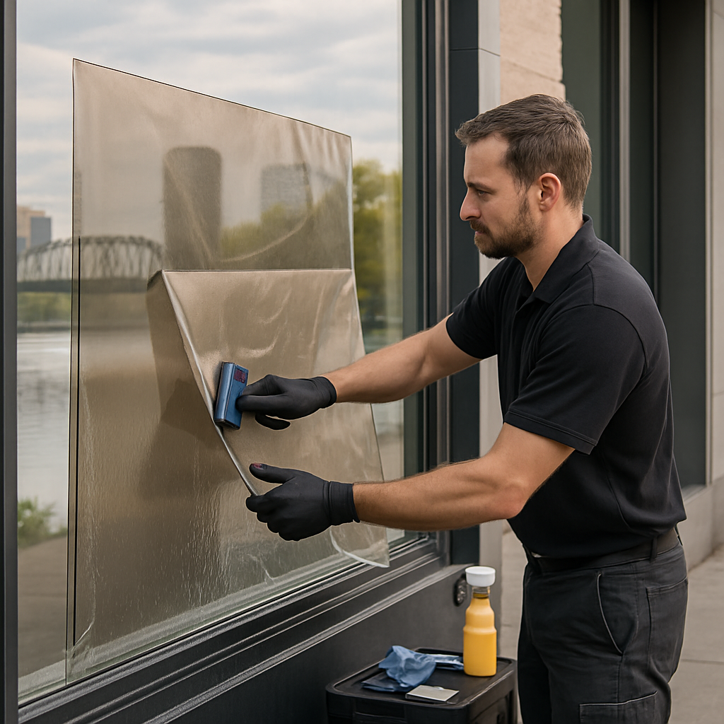 Photo realistic image of a Portland downtown storefront technician applying window film to a large west-facing display window during daytime, visible Willamette River reflections in background, professional equipment, neutral-toned film being squeegeed into place, mood professional