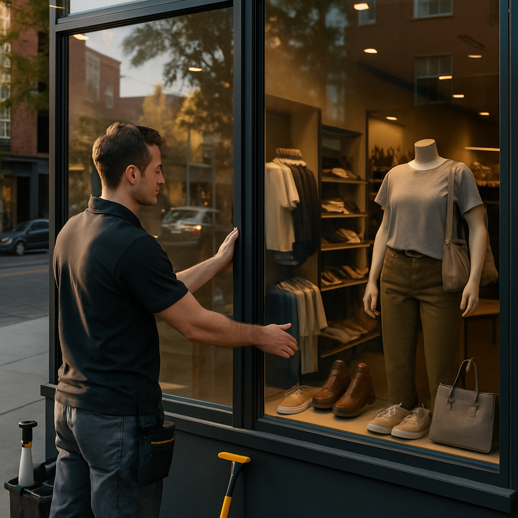 Photo realistic image of a Portland retail storefront at late afternoon with a technician comparing two adjacent panes: left untreated showing bright reflections on merchandise, right treated with neutral anti-glare storefront window film Portland displaying reduced reflections and clear product visibility; urban storefront, professional equipment, balanced lighting