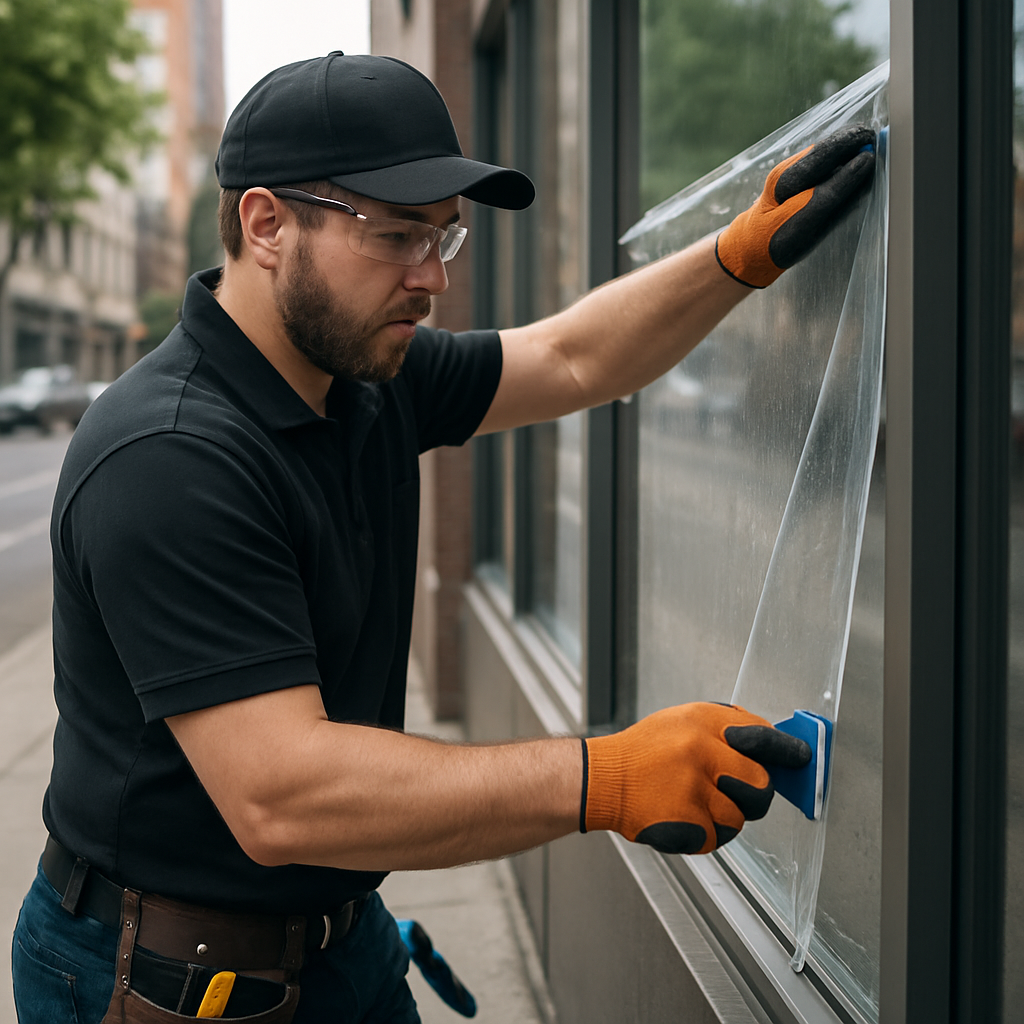 Photo realistic image of a Portland storefront technician installing a thick clear security film on a street-facing pane, close-up on the film edge and channel clips, daytime urban commercial setting, professional tools and safety equipment visible, mood professional