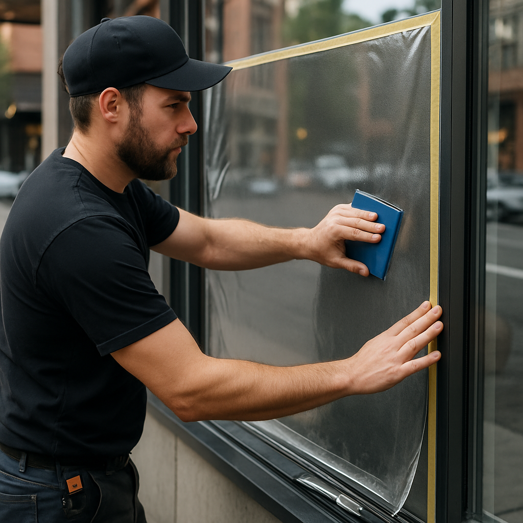 Photo realistic image of a Portland storefront technician applying a measured panel of neutral solar storefront window film portland to a display window, close-up on squeegee action and trimmed edges, daytime urban retail context, professional tools visible, mood professional
