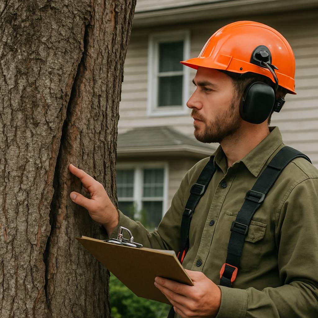 Professional arborist examining a large urban tree trunk with visible crack, clipboard and safety gear visible, residential house in background, photo realistic
