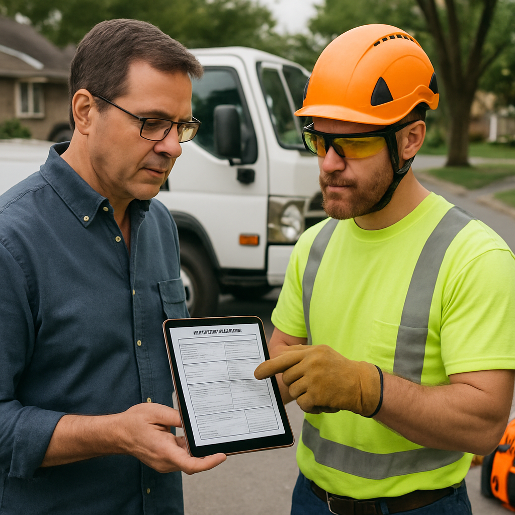 Homeowner and tree crew supervisor reviewing a certificate of insurance beside a company truck, document visible on a tablet, safety equipment in view, residential street background, photo realistic
