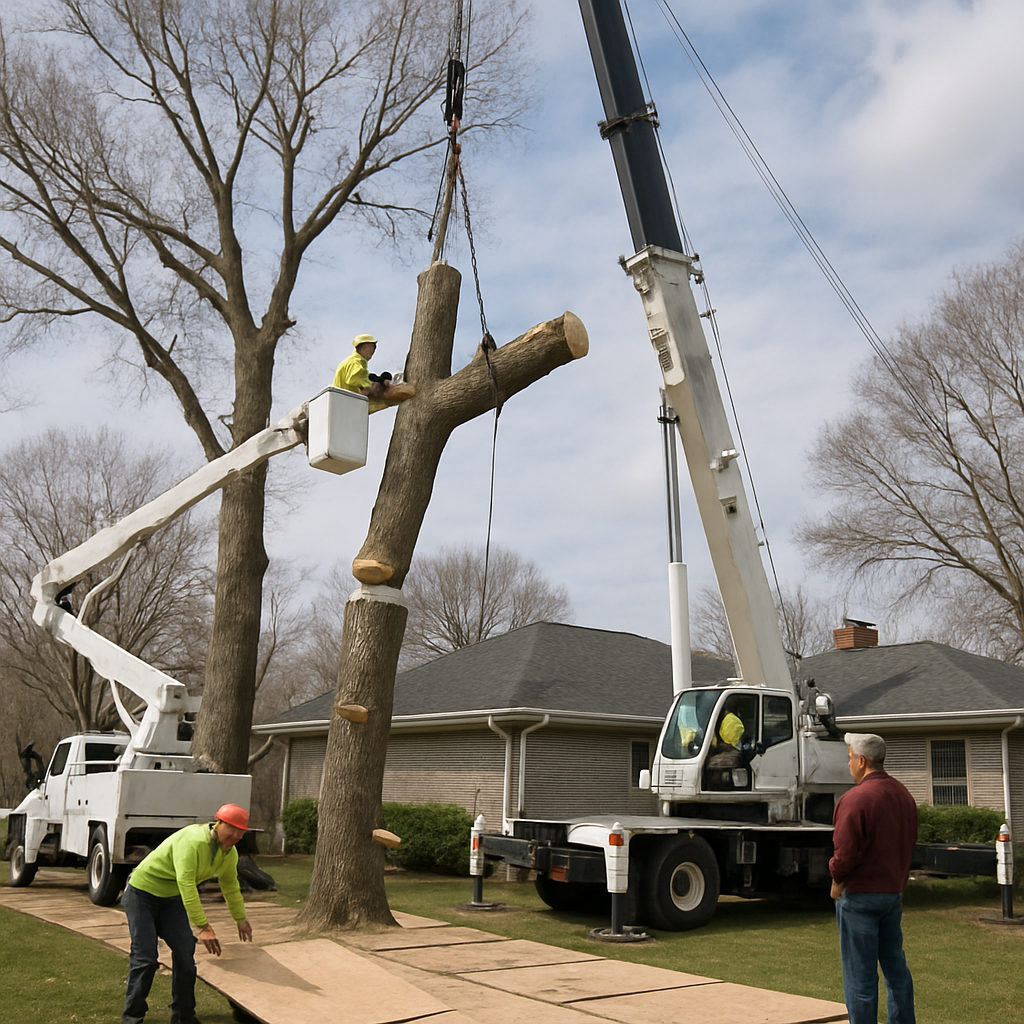 photo realistic image of a tree removal crew using a crane and bucket truck to lift large limb sections, crew placing plywood ground protection, homeowner watching at a safe distance, residential house roof visible, professional mood