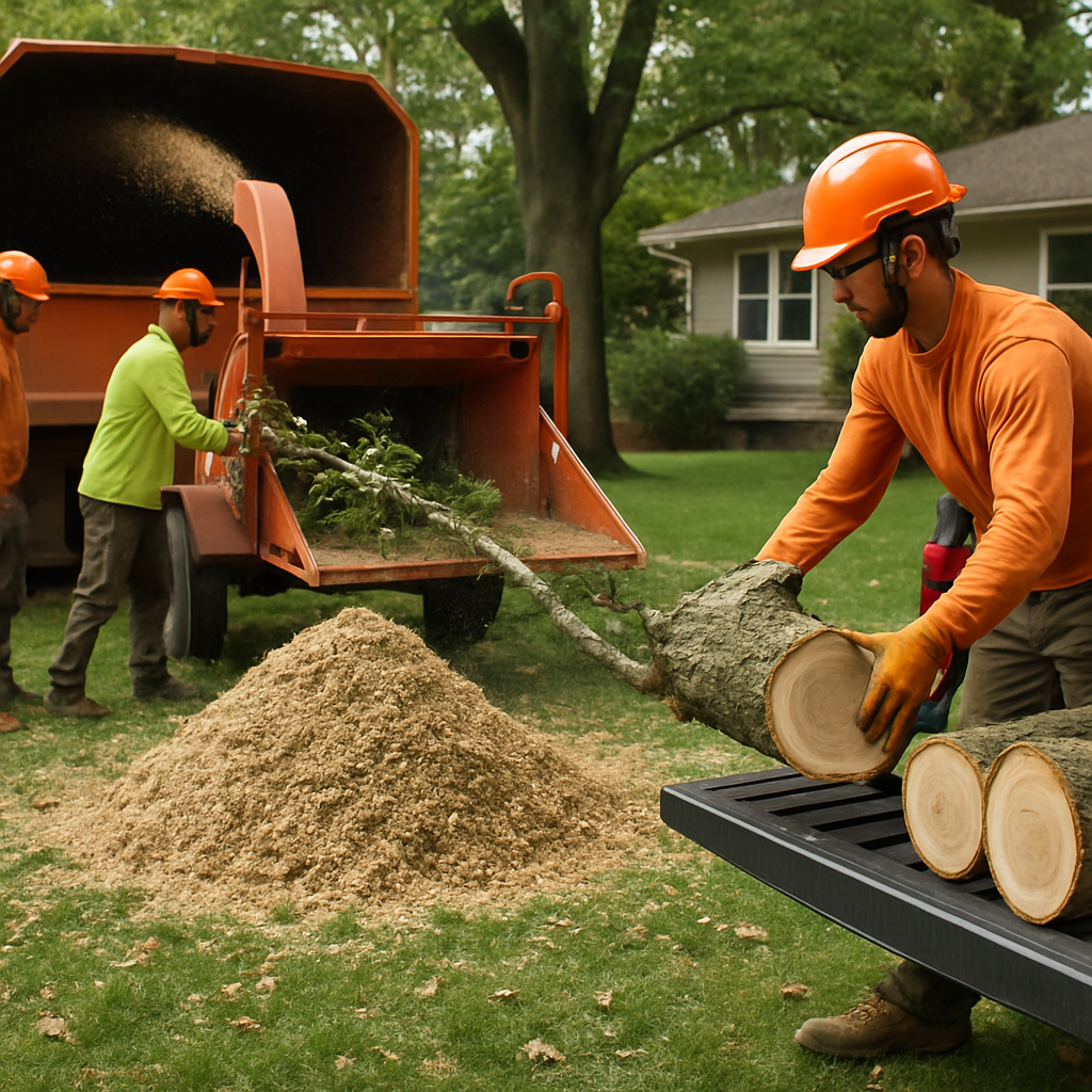 Photo realistic image of a tree crew chipping a large branch into a chip pile while another worker loads clean logs onto a pickup for donation; residential yard, safety gear visible, professional mood