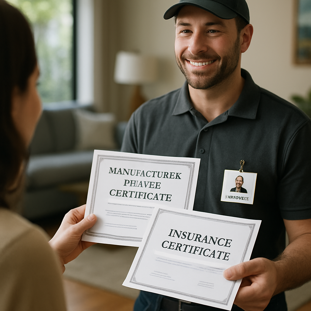 Professional installer presenting manufacturer dealer certificate and insurance certificate to a homeowner in a Portland living room, close-up of documents and installer badge visible, photo realistic