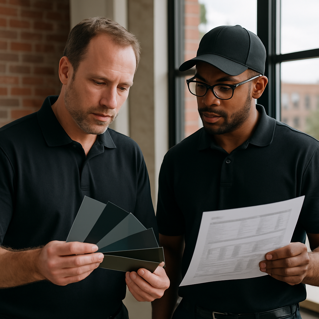Two professional installers comparing film sample swatches and a printed spec sheet in a Portland office, daylight through a window in background, photo realistic