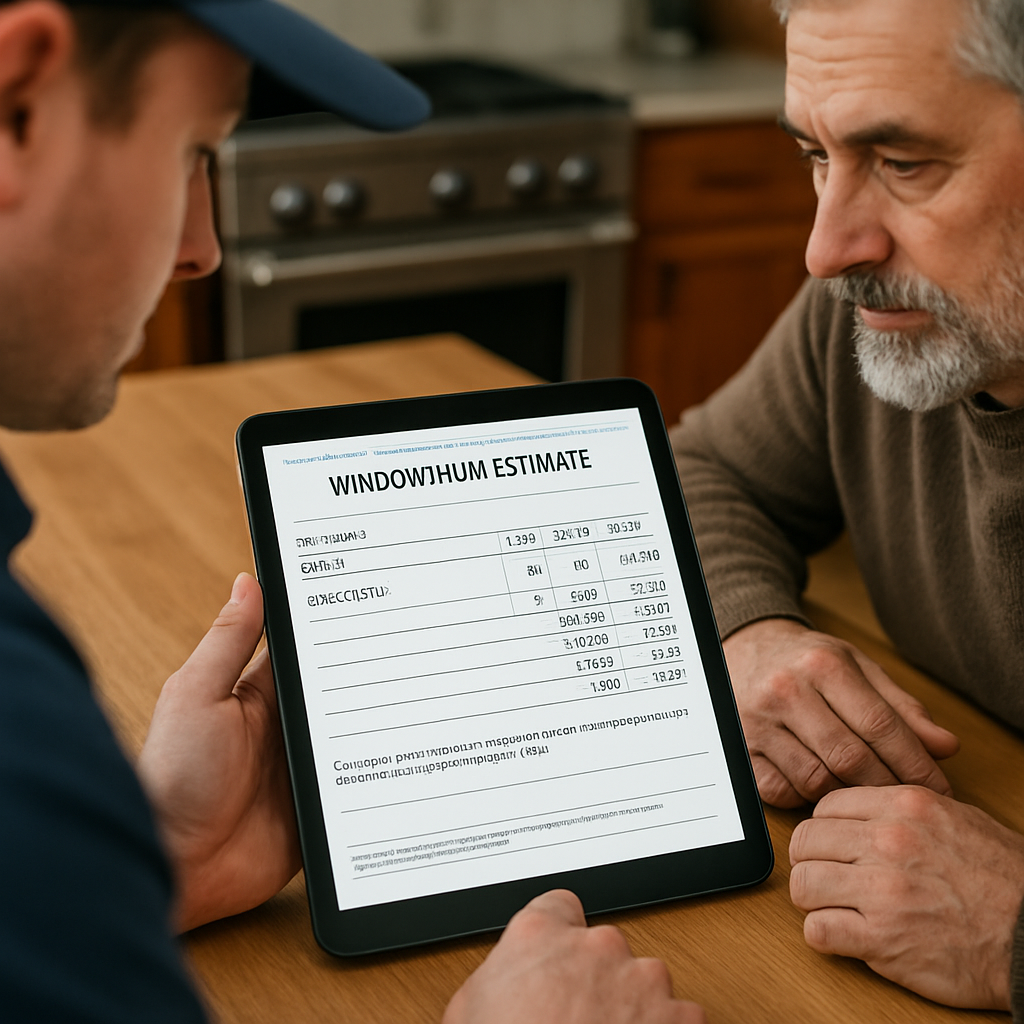Installer and Portland homeowner reviewing a detailed, line-itemed window film estimate on a tablet at a kitchen table, close-up on text showing film model and warranty registration clause, photo realistic