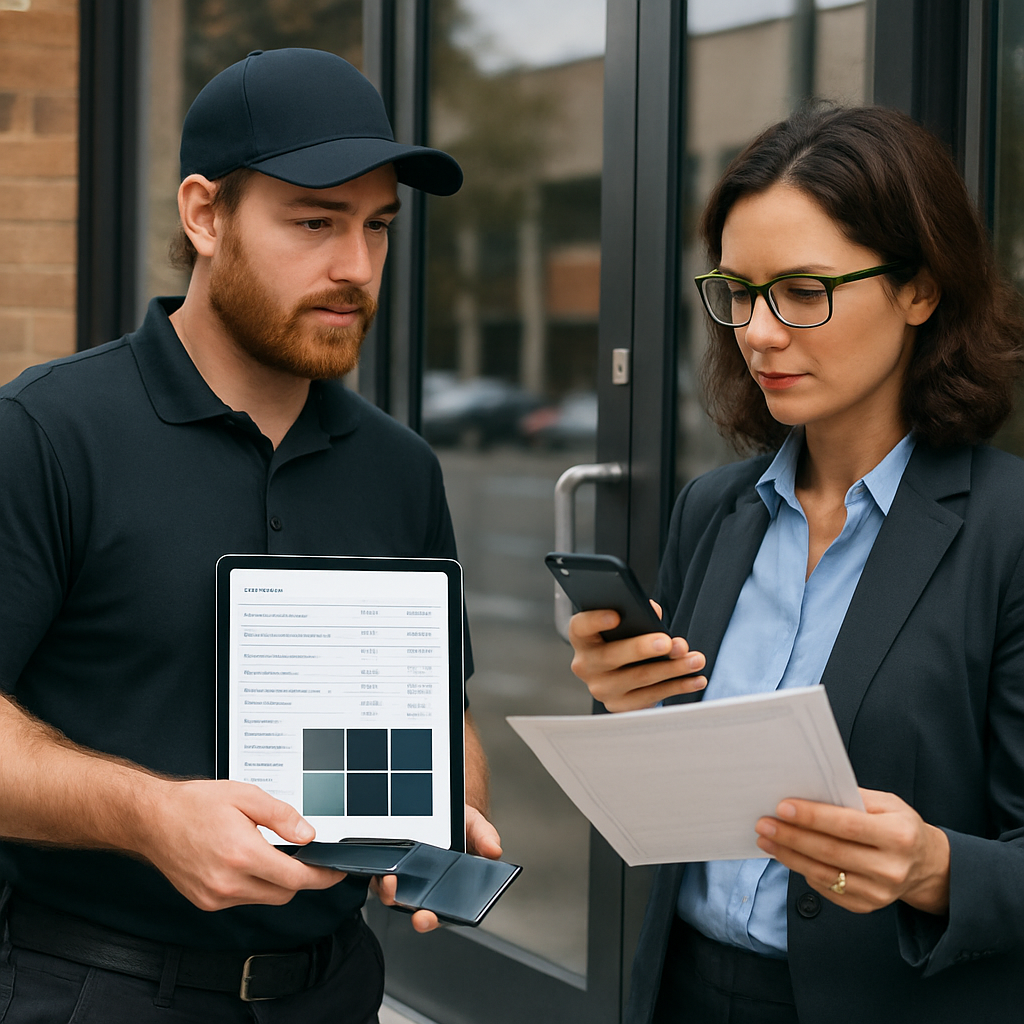 Portland installer at a storefront consulting with a property manager, tablet displaying a line-item estimate and film sample swatches, both taking photos of certificates, photo realistic